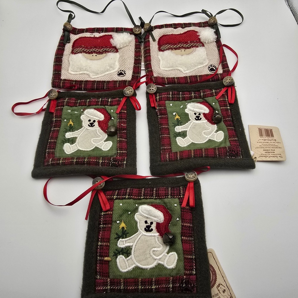 Boyds Collection Ornaments 5pc Red Green Plaid Santa Polar Bear Primitive Rustic